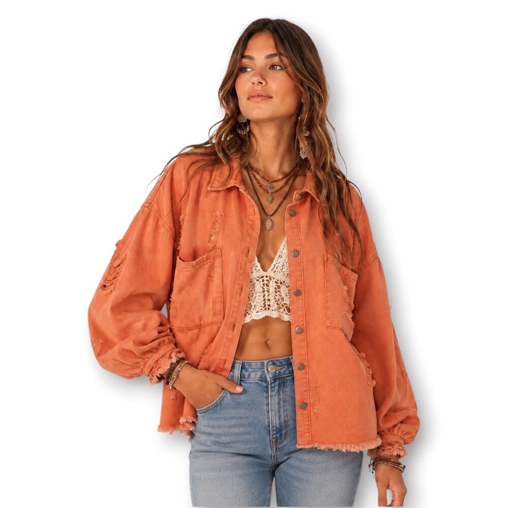 POL Women’s This Is The Time Orange Denim Shacket S Oversized Boho Jean Jacket